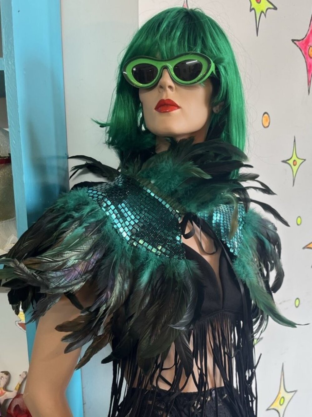 Y2K Metallic Emerald Feather Cape~Glam Costume Statement Piece